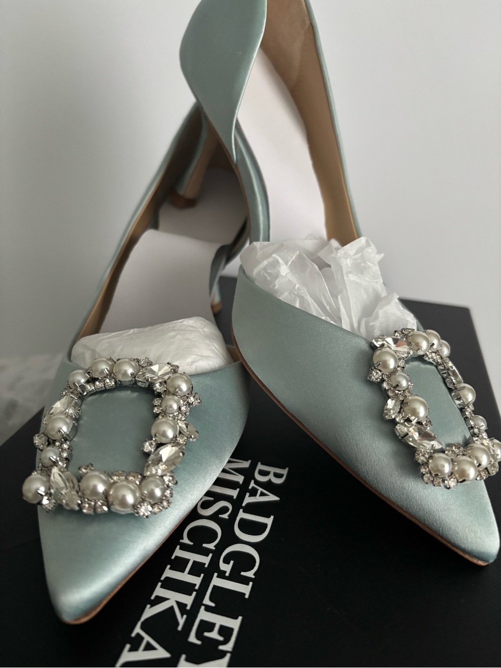 Badgley Mischka Fabia Mist Blue Satin Jeweled Pointed Pumps